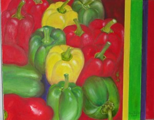 Gelb-rot-grün -  Paprika - Öl auf Keilrahmen - 40 x 50 cm