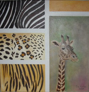 Giraffe und fellige Freunde -  Öl auf Keilrahmen - 40 x 40 cm